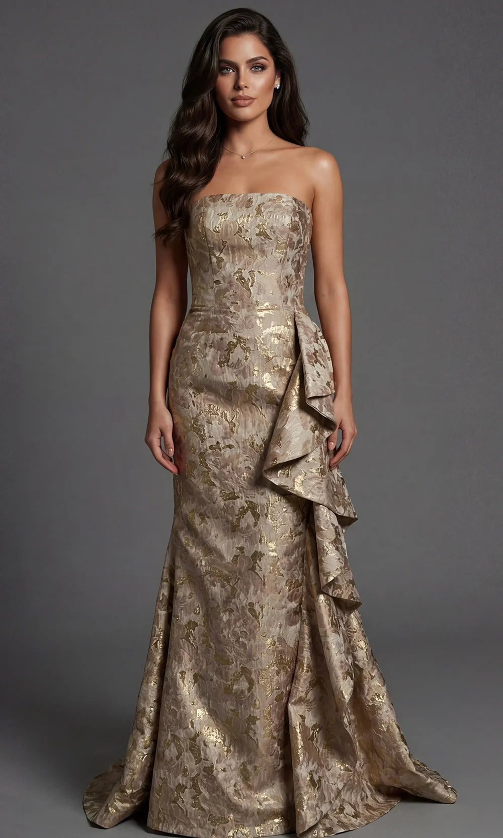Jovani 46517 - Textured Brocade Straight Neckline Gown Mother Of The Bride Dresses  in Gold  