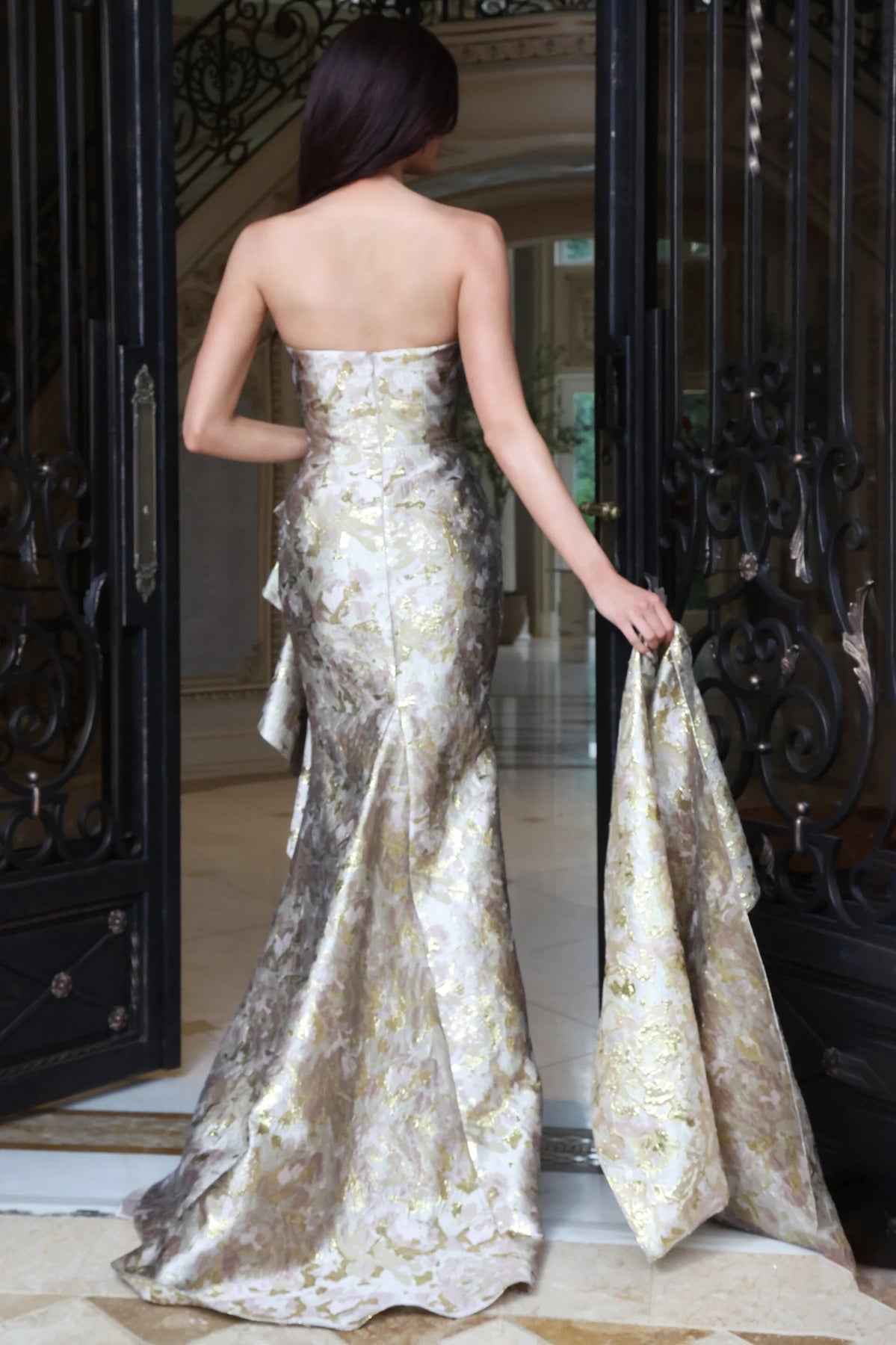 Jovani 46517 - Textured Brocade Straight Neckline Gown