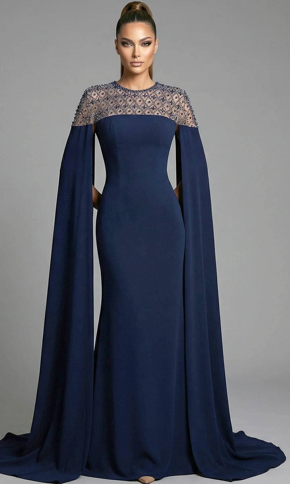 Jovani 46522 - Beaded Illusion Cape Sleeve Evening Gown Special Occasion Dress In Navy