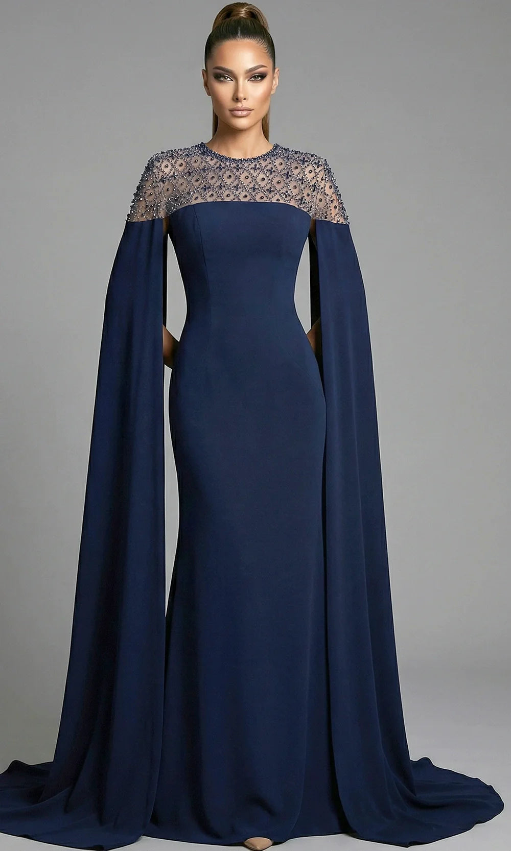 Jovani 46522 - Long Cape Sleeve Embellished Gown Mother Of The Bride Dresses  in Navy  