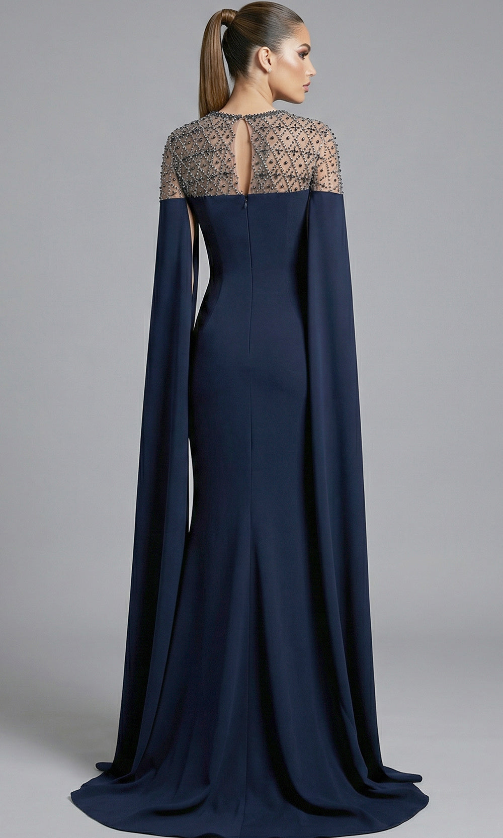 Jovani 46522 - Beaded Illusion Cape Sleeve Evening Gown Special Occasion Dress In Navy