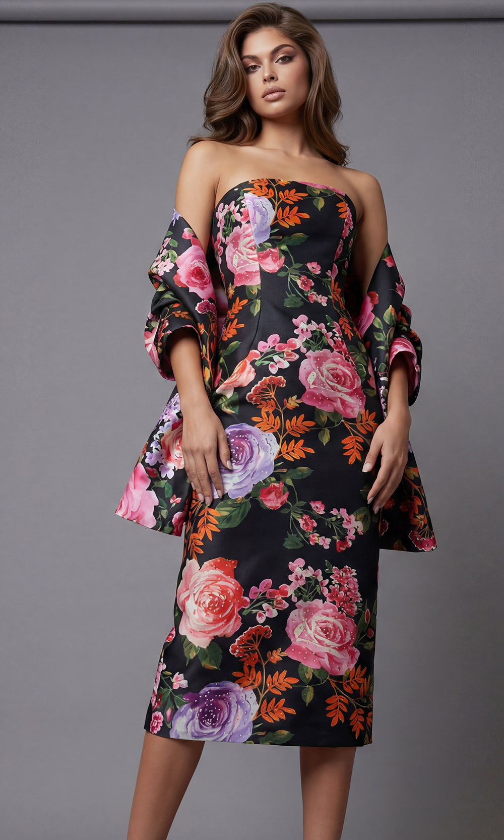 Jovani 46565 - Multicolor Floral Sheath Midi Dress Special Occasion Dress In Print
