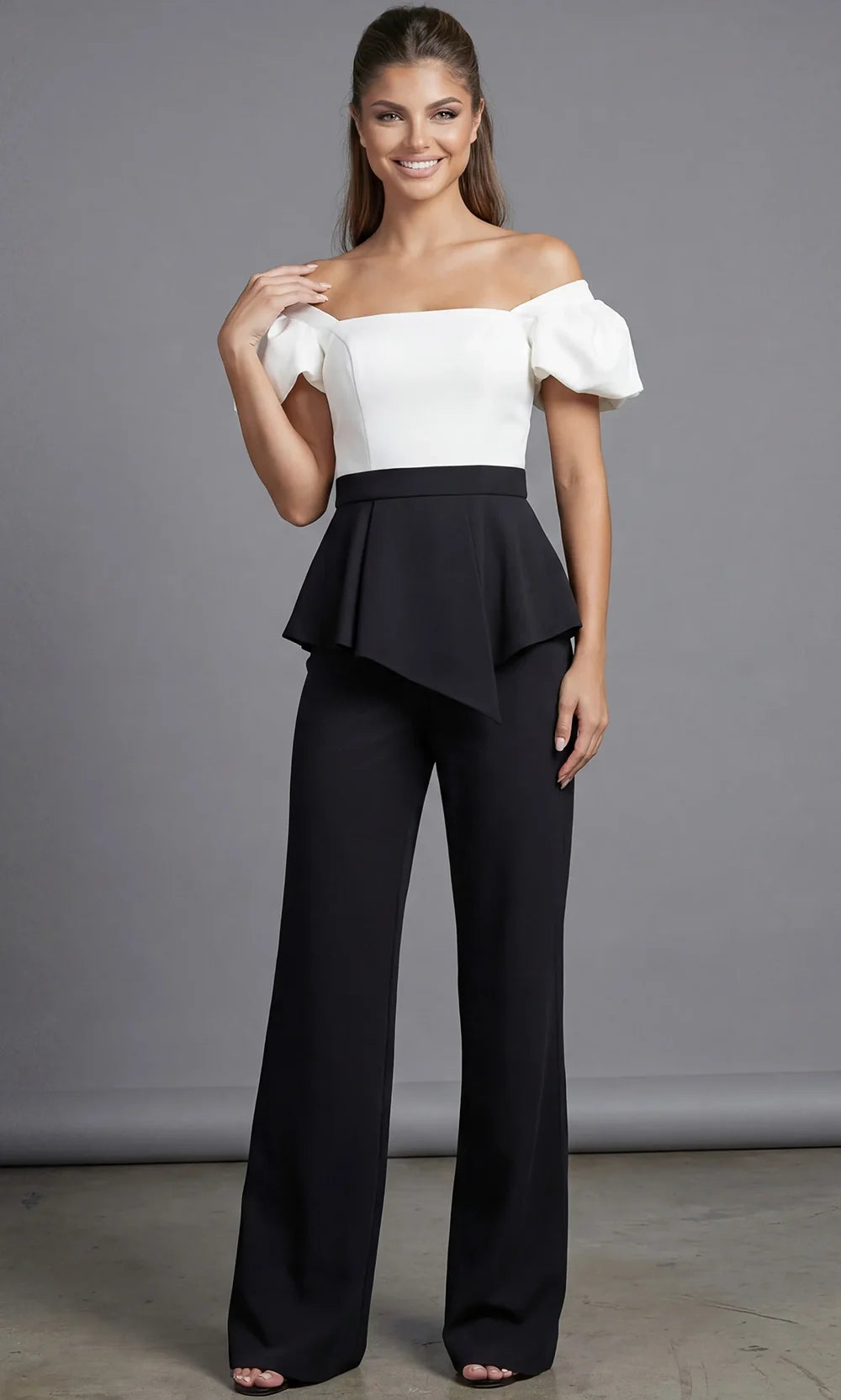 Jovani 46613 - Wide Leg Two Tone Jumpsuit with Puff Sleeves Formal Pantsuits  in Black White