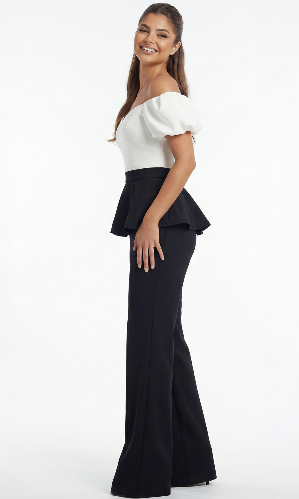 Jovani 46613 - Wide Leg Two Tone Jumpsuit with Puff Sleeves Formal Pantsuits  in Black White