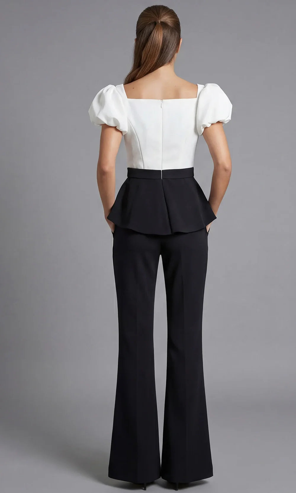 Jovani 46613 - Wide Leg Two Tone Jumpsuit with Puff Sleeves Formal Pantsuits  in Black White