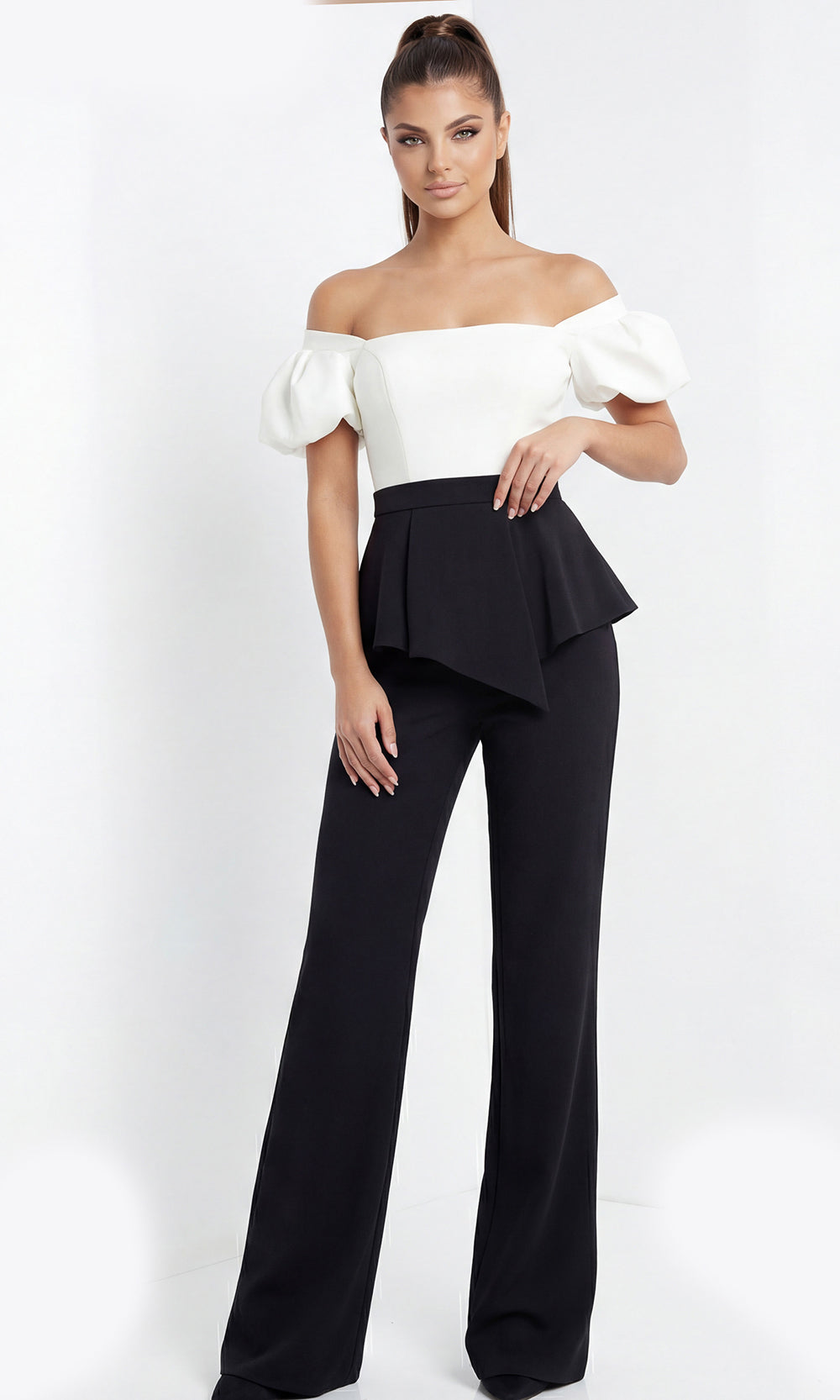 Jovani 46613 - Wide Leg Two Tone Jumpsuit with Puff Sleeves Formal Pantsuits  in Black White