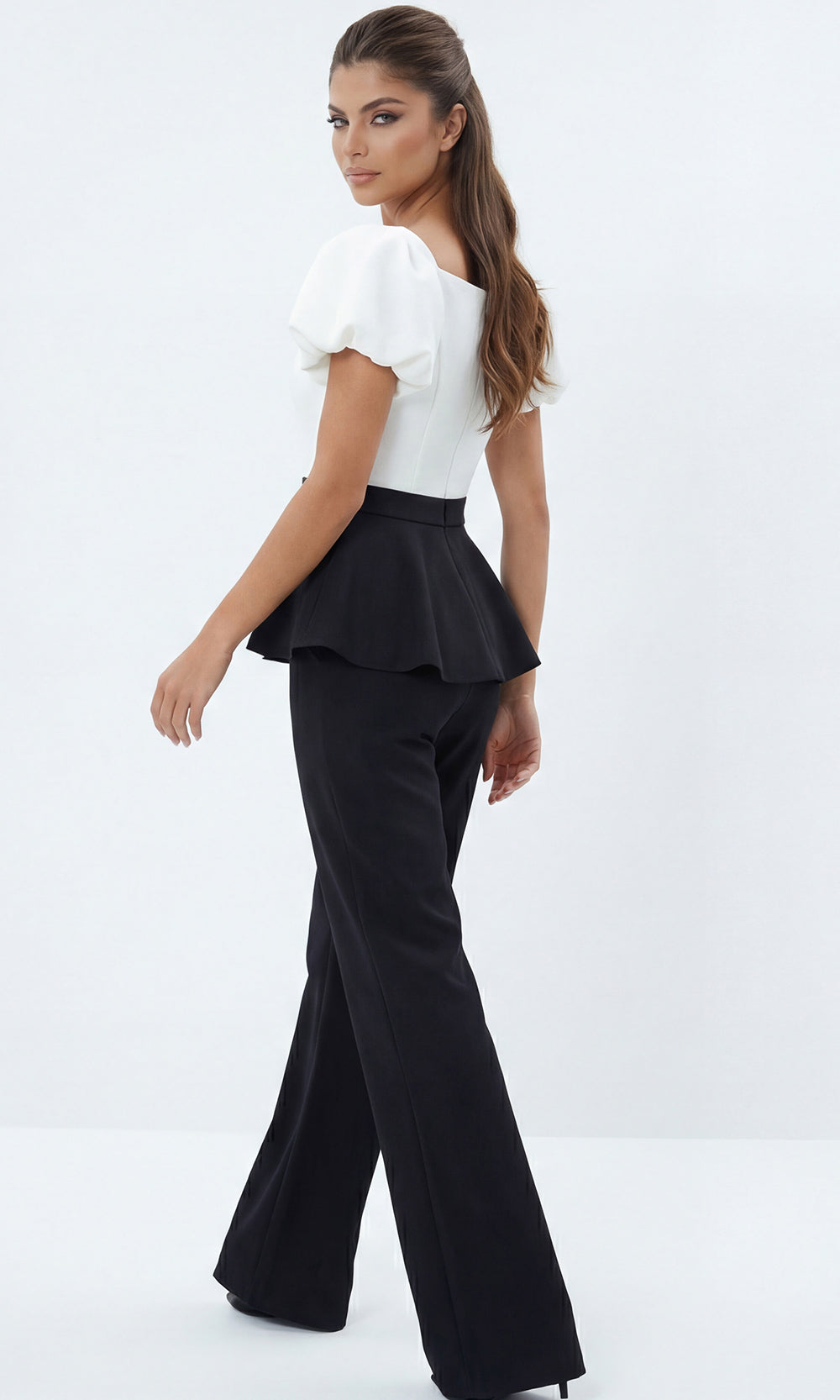 Jovani 46613 - Wide Leg Two Tone Jumpsuit with Puff Sleeves Formal Pantsuits  in Black White