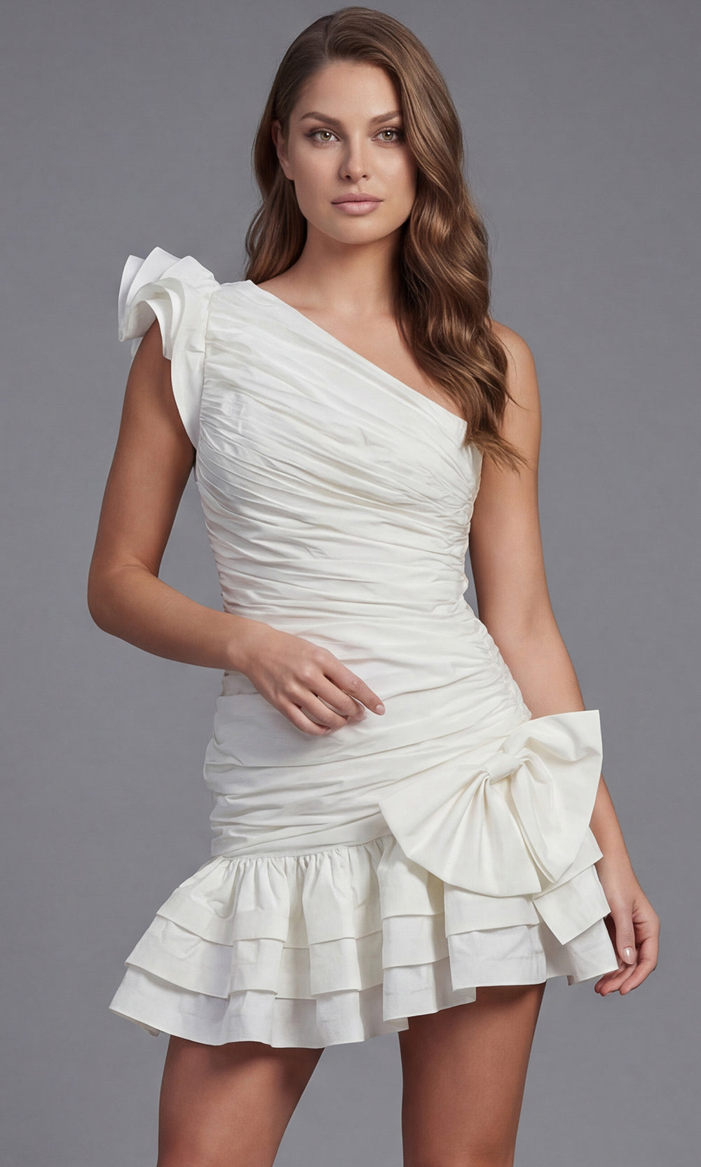 Jovani 47823 - One Shoulder Ruched Mini Dress Special Occasion Dress In White
