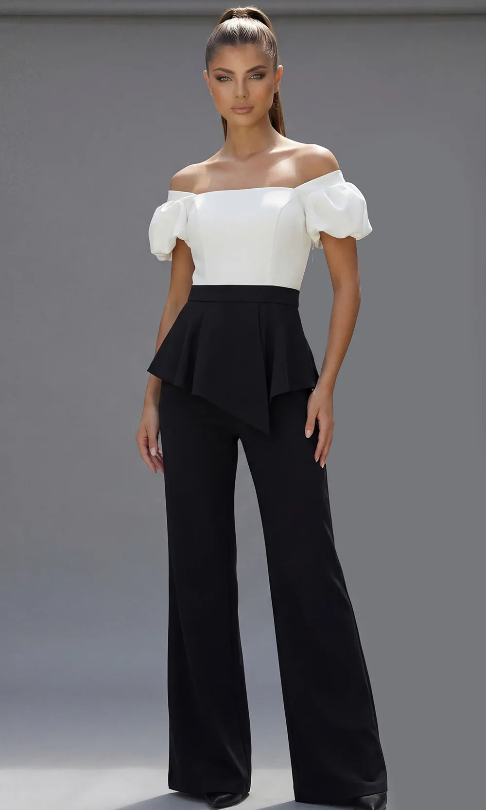 Jovani 46613 - Wide Leg Two Tone Jumpsuit with Puff Sleeves Formal Pantsuits  in Black White