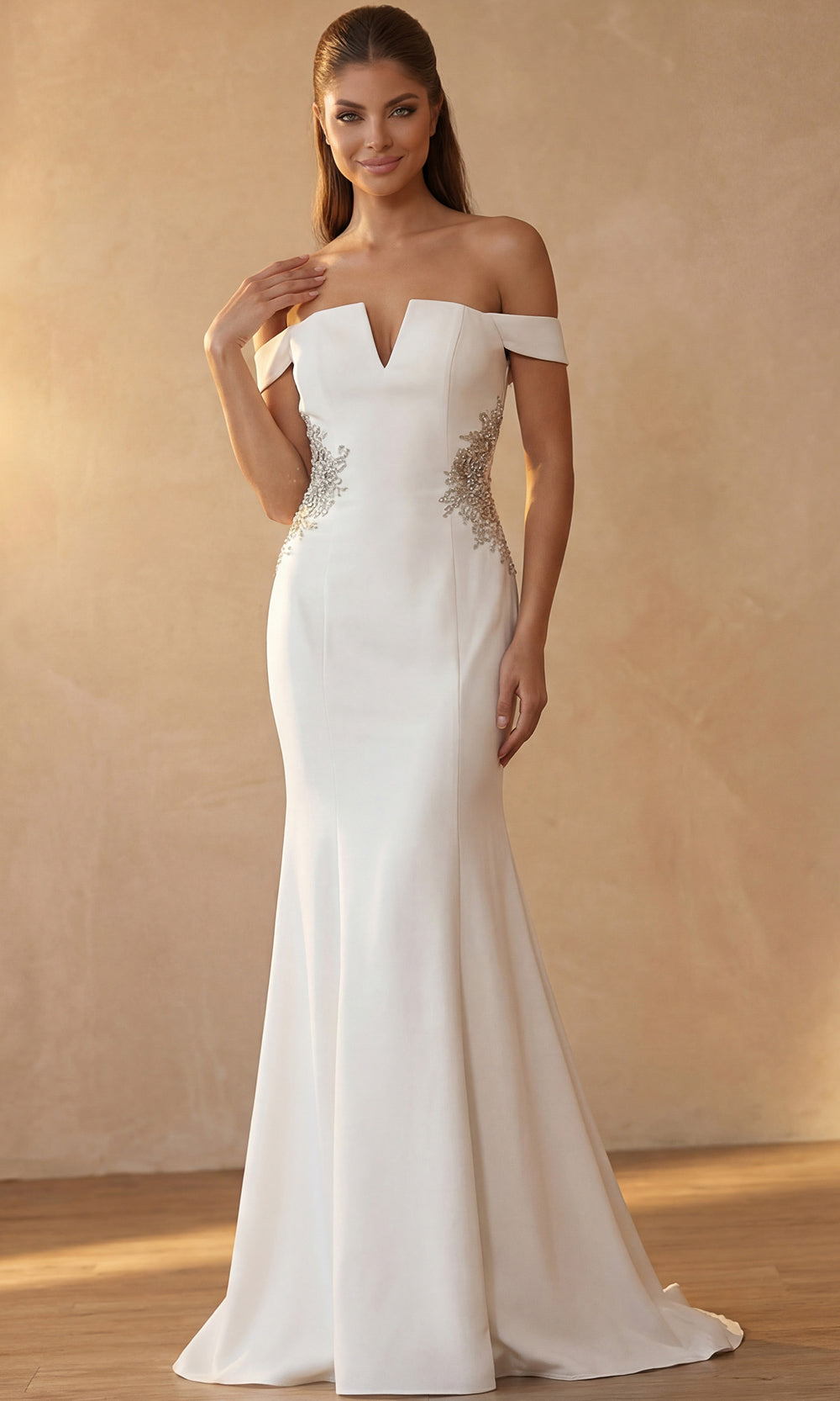 Jovani 46623 - Off Shoulder Crepe Gown with Beaded Applique Special Occasion Dress In Off White