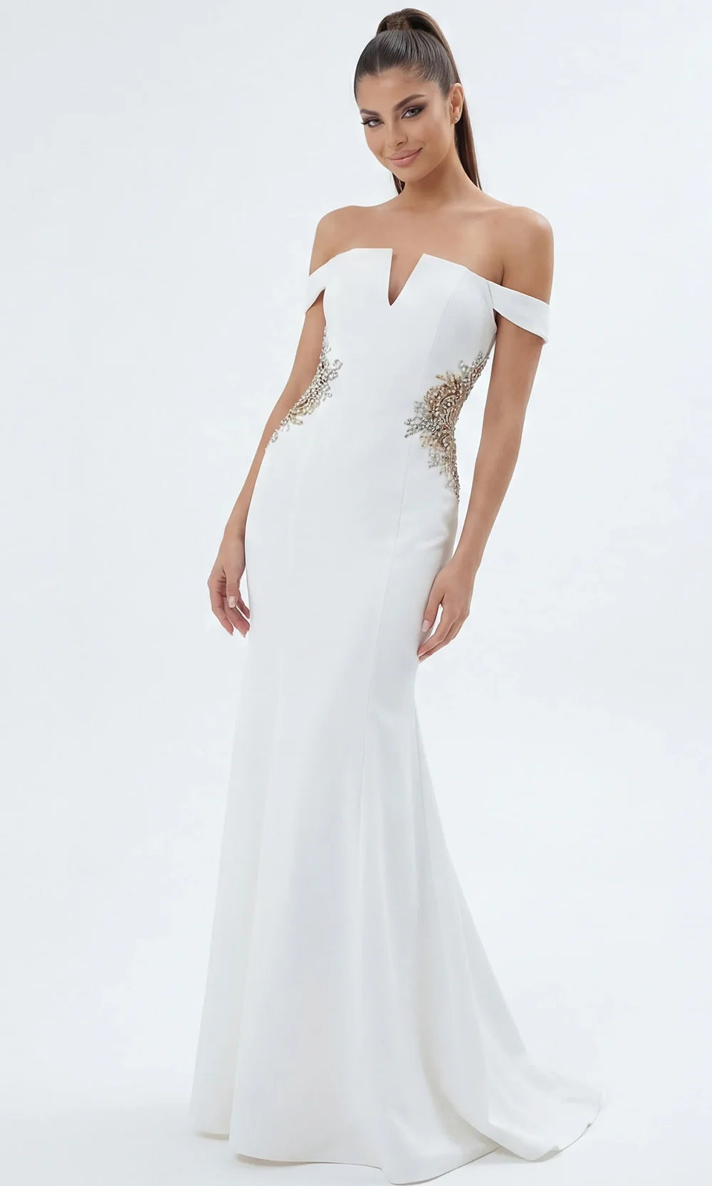 Jovani 46623 - Off Shoulder Crepe Gown with Beaded Applique Special Occasion Dress In Off White