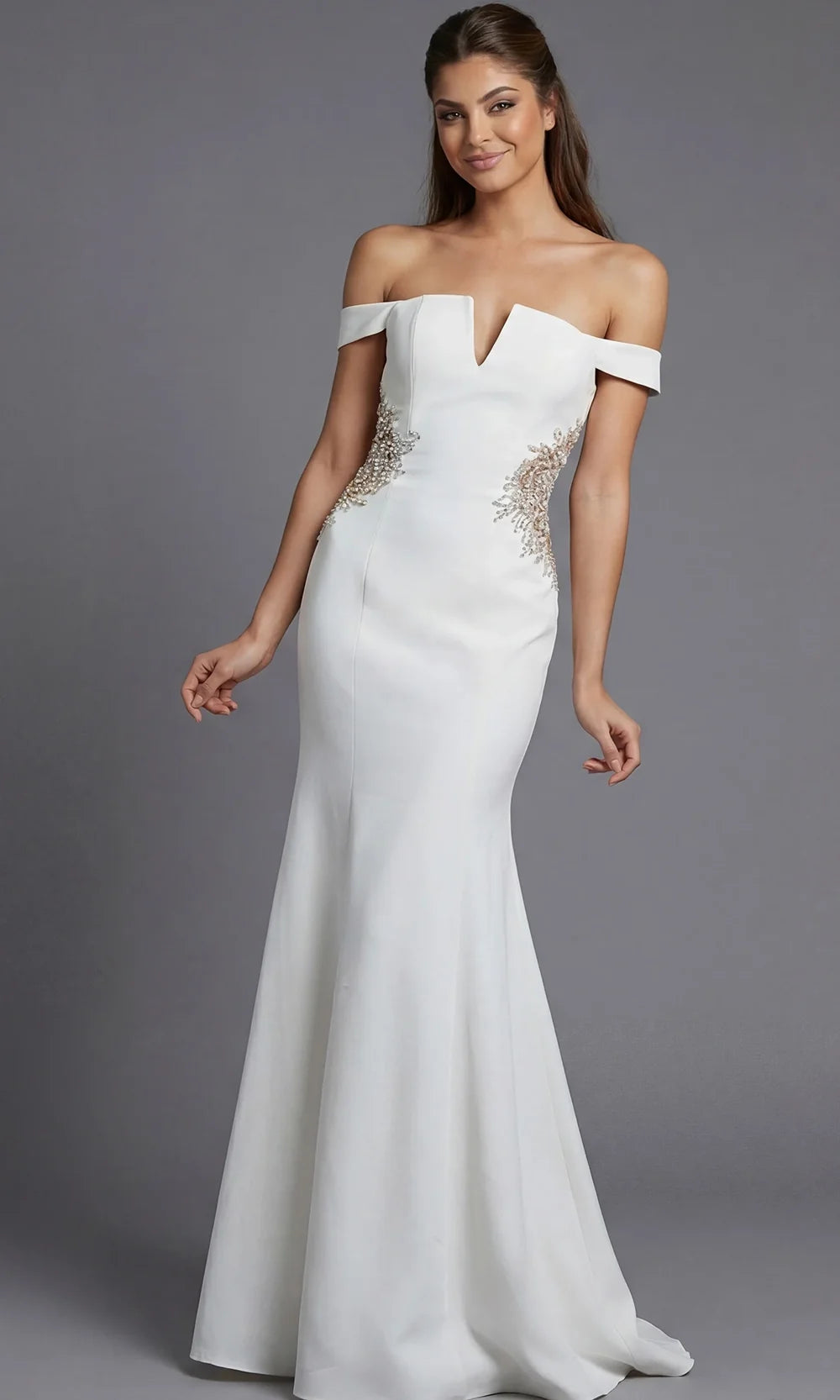 Jovani 46623 - Off Shoulder Crepe Gown with Beaded Applique Special Occasion Dress In Off White