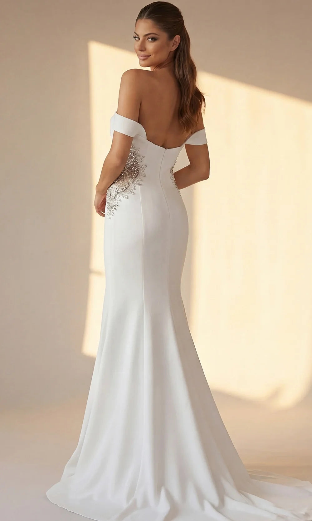 Jovani 46623 - Off Shoulder Crepe Gown with Beaded Applique Special Occasion Dress In Off White