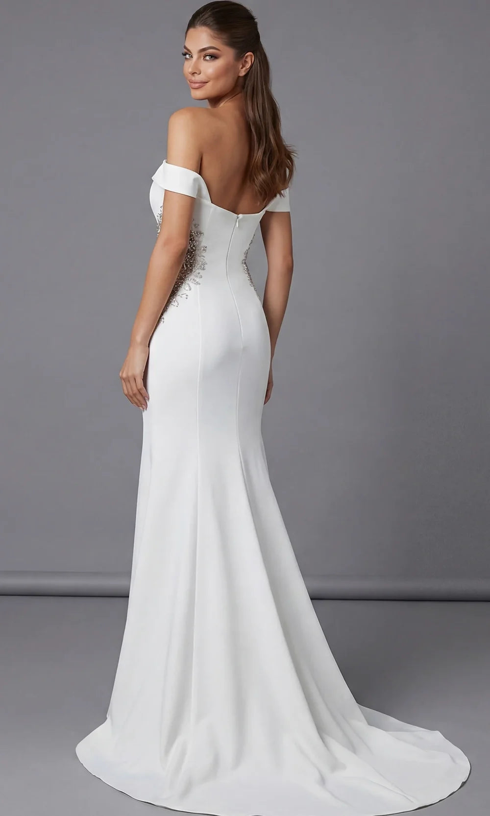 Jovani 46623 - Off Shoulder Crepe Gown with Beaded Applique Special Occasion Dress In Off White