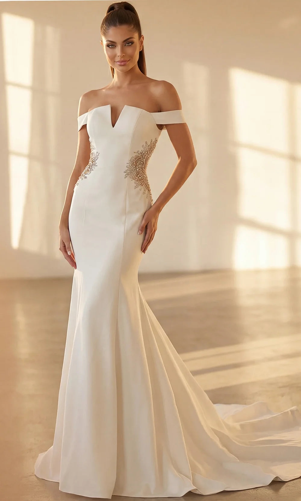 Jovani 46623 - Off Shoulder Crepe Gown with Beaded Applique Special Occasion Dress In Off White