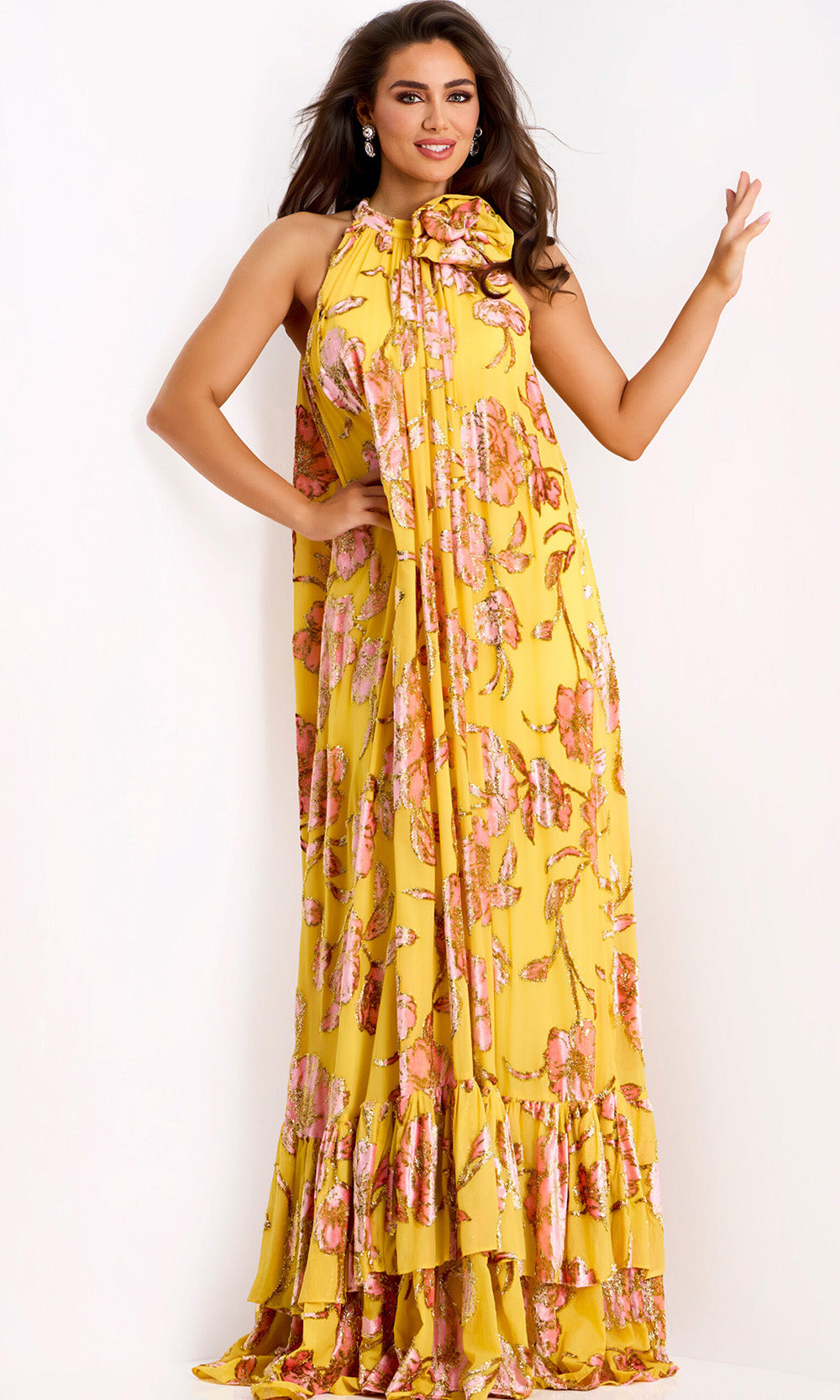 Jovani 46639 - Ruffled Hem Floral A-Line Gown Formal Gowns