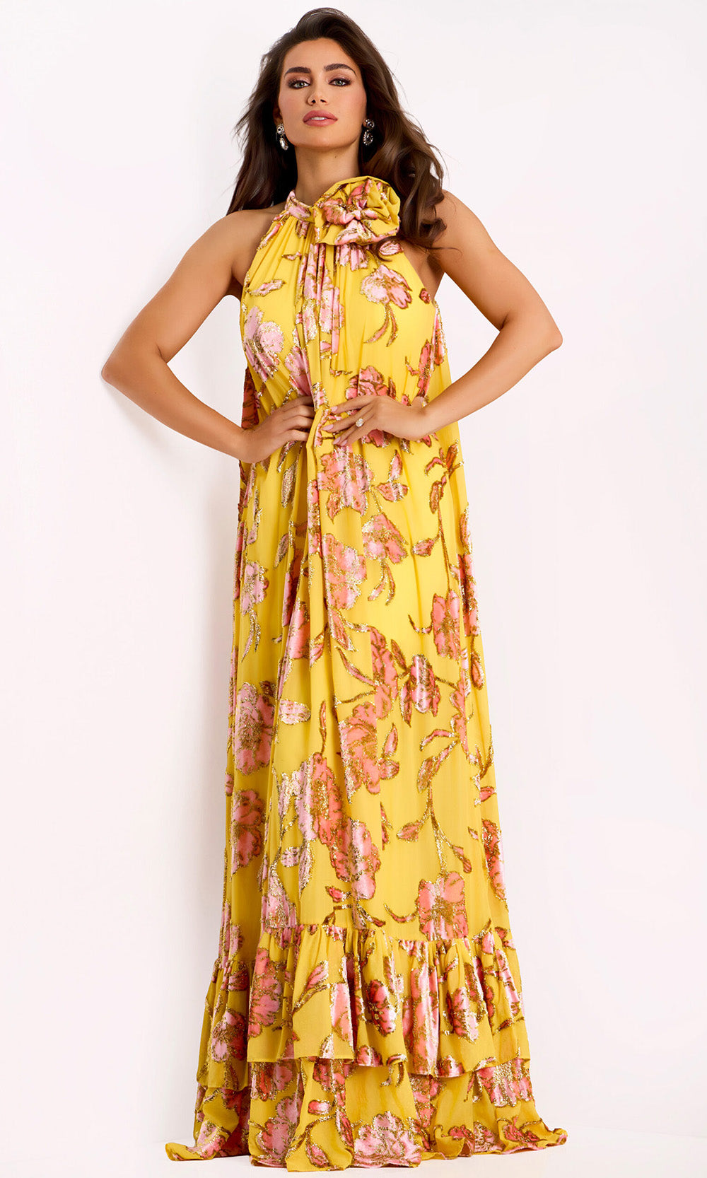 Jovani 46639 - Ruffled Hem Floral A-Line Gown
