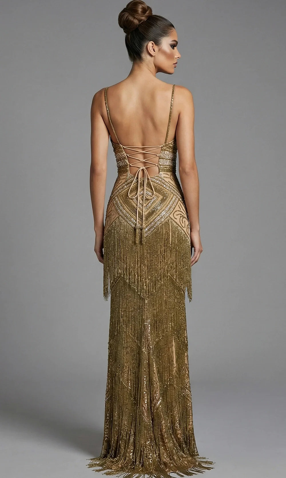 Jovani 46640 - Geometric Beaded High Slit Prom Gown Prom Dresses  in Nude Gold 