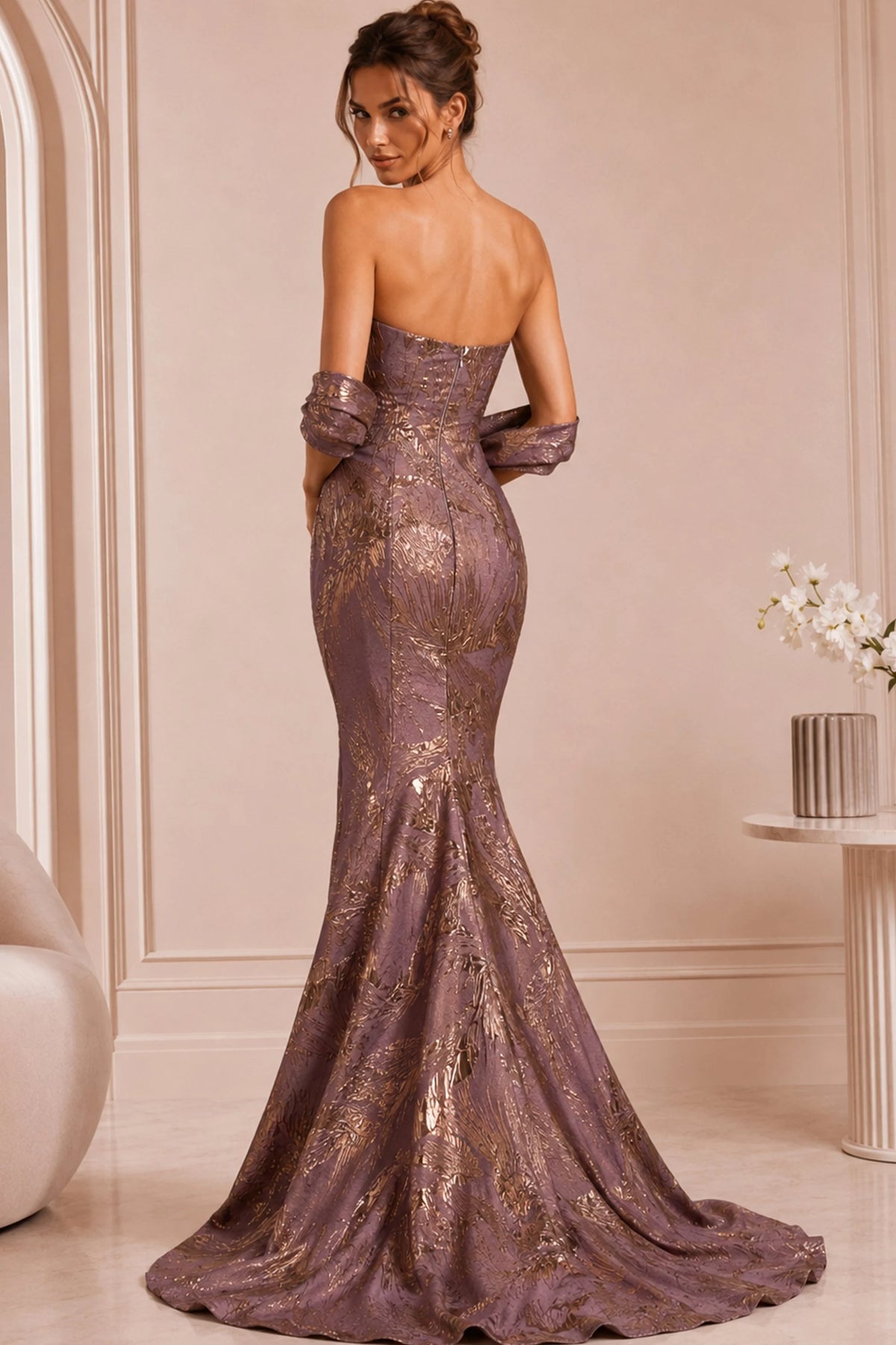 Jovani 46672 - Straight Neck Brocade Fitted Gown with Shawl