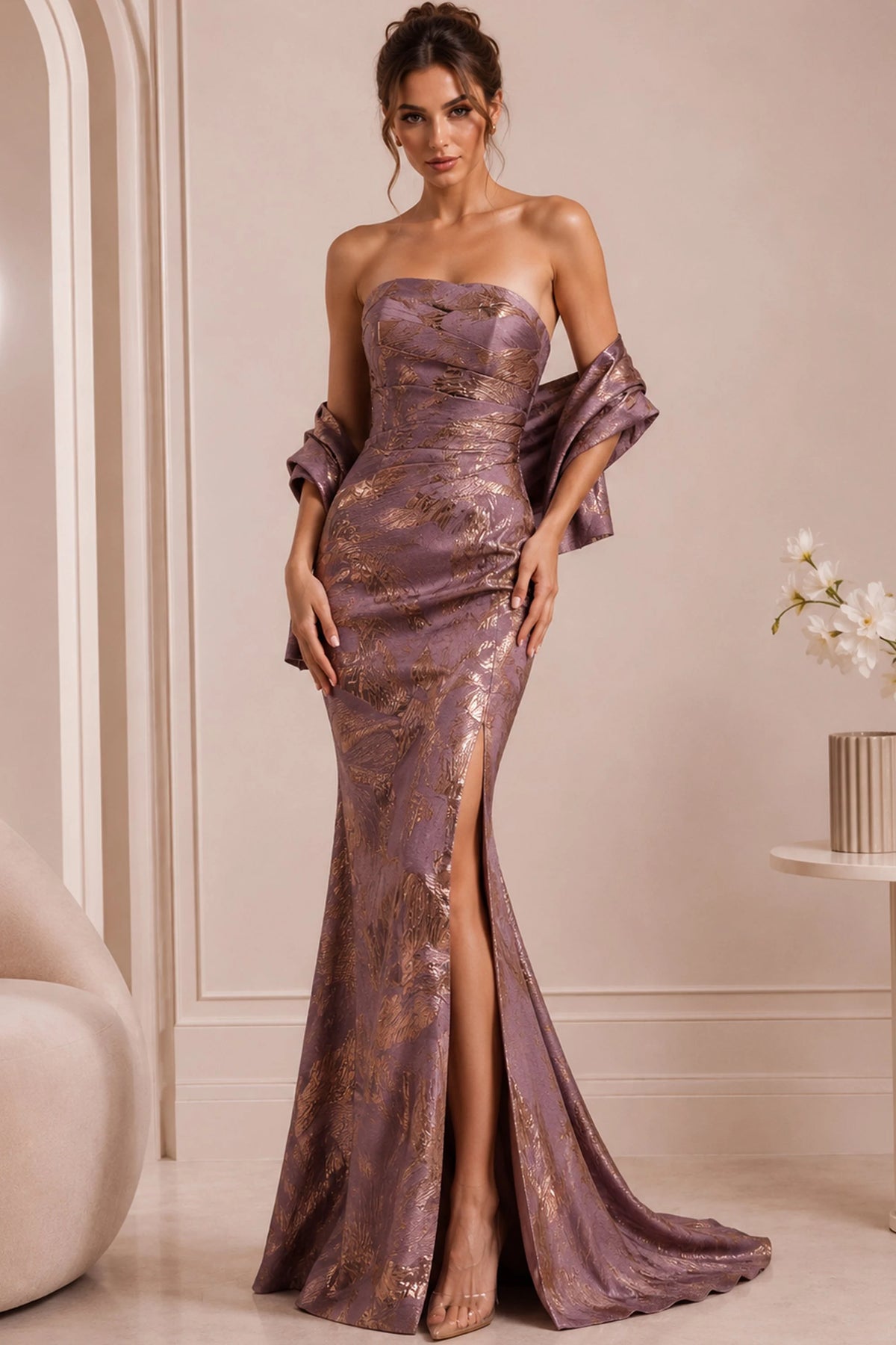 Jovani 46672 - Straight Neck Brocade Fitted Gown with Shawl