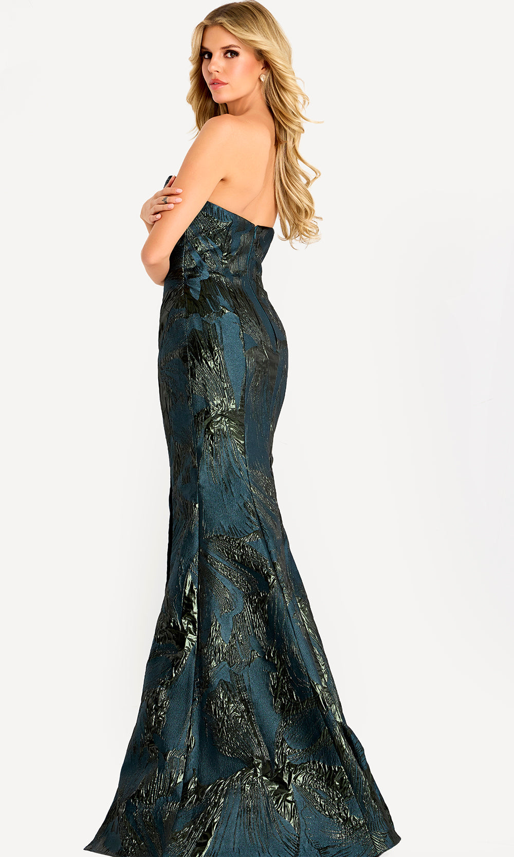 Jovani 46672 - Straight Neck Brocade Fitted Gown with Shawl
