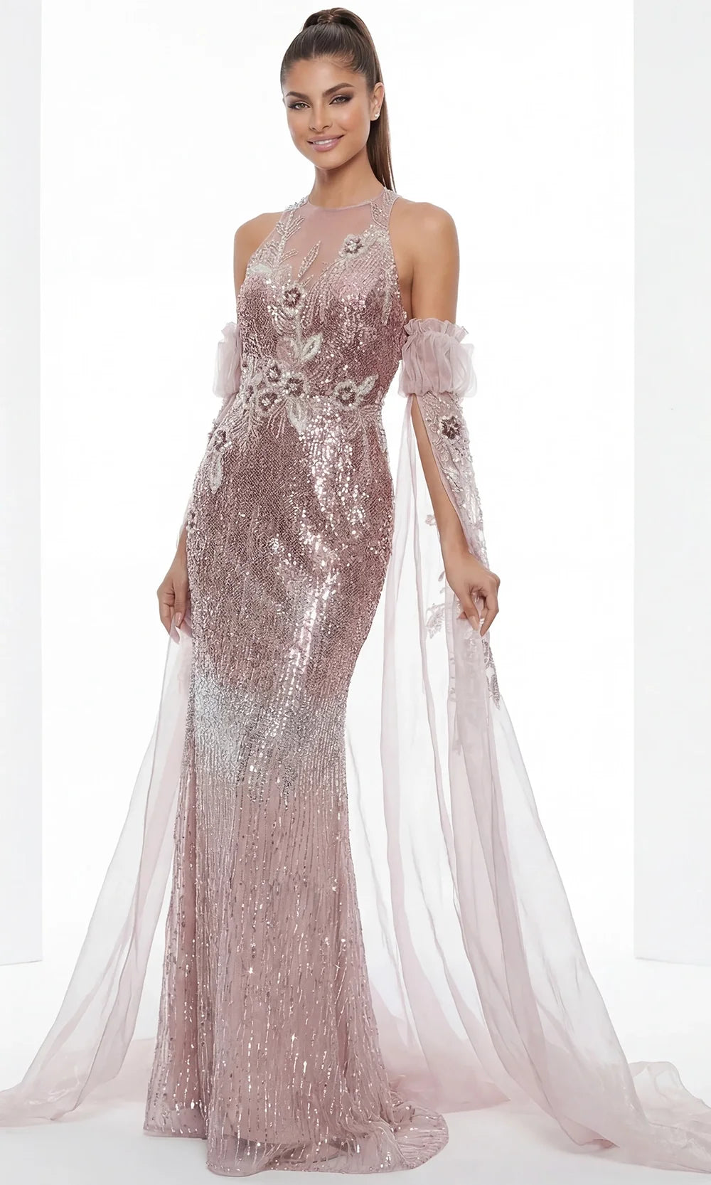 Jovani 46674 - Sheer Sleeve Allover Beaded Long Gown Special Occasion Dress In Pink
