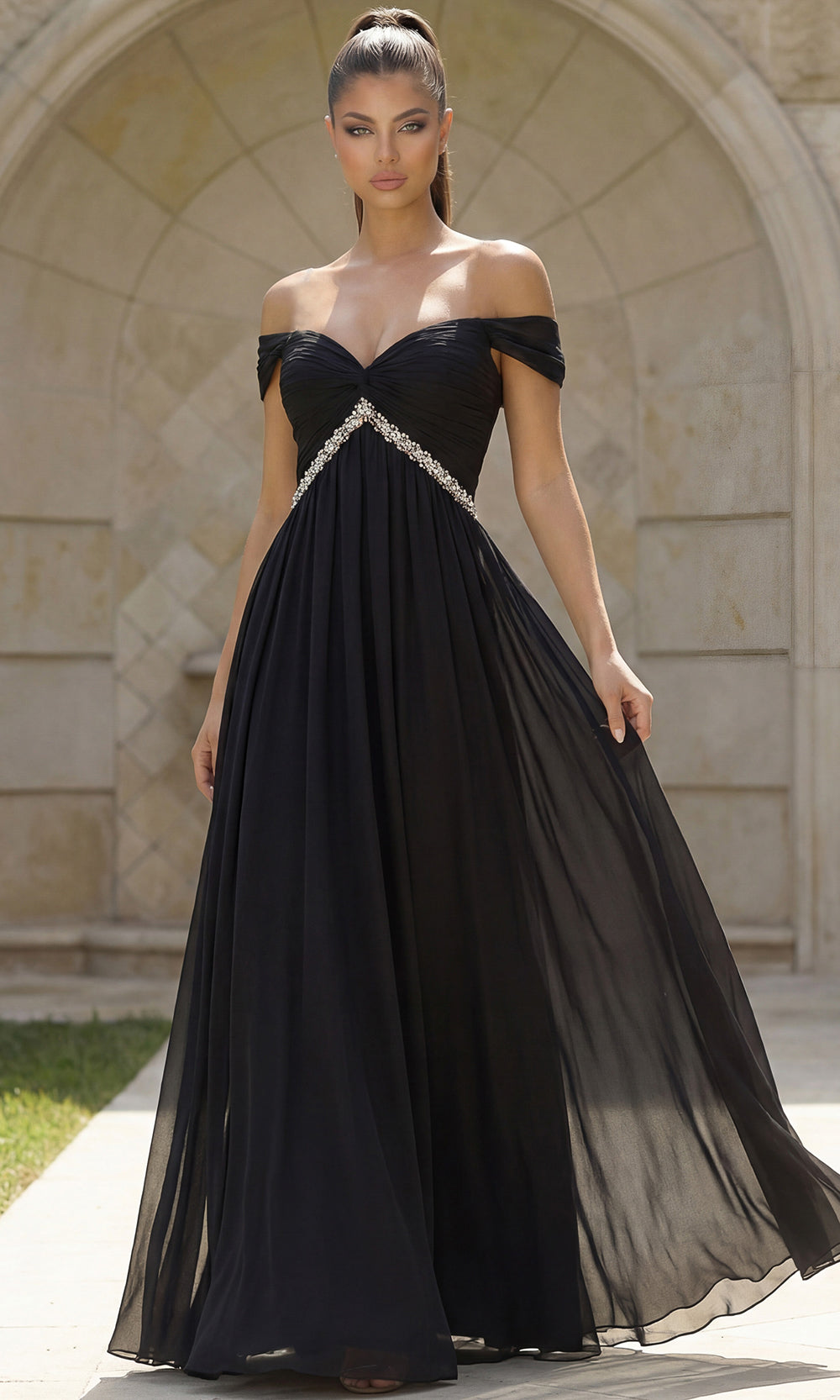 Jovani 46703 - Off Shoulder Empire Waist Evening Gown Special Occasion Dress In Black