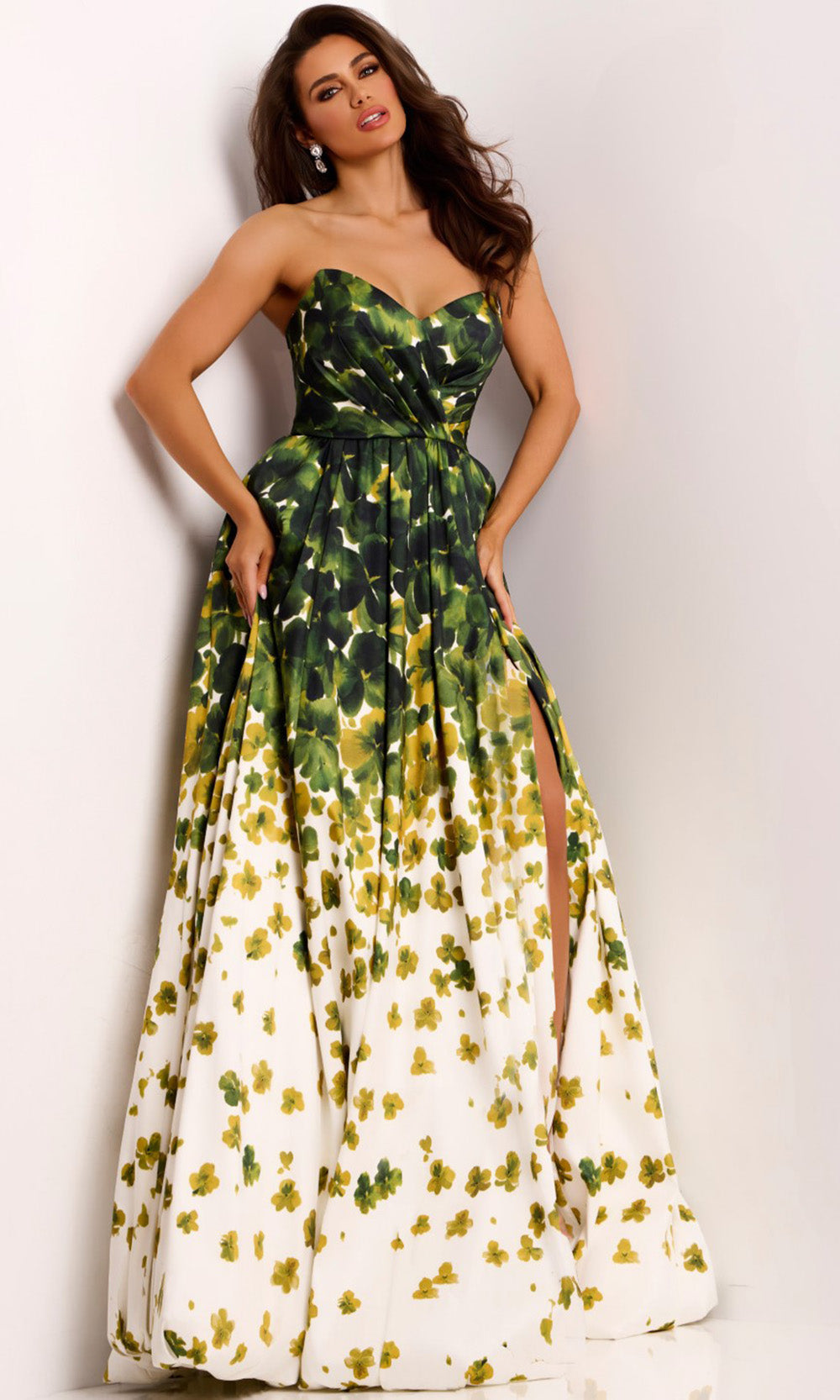 Jovani 46723 - A-Line Floral Mikado Gown with Slit Formal Gowns