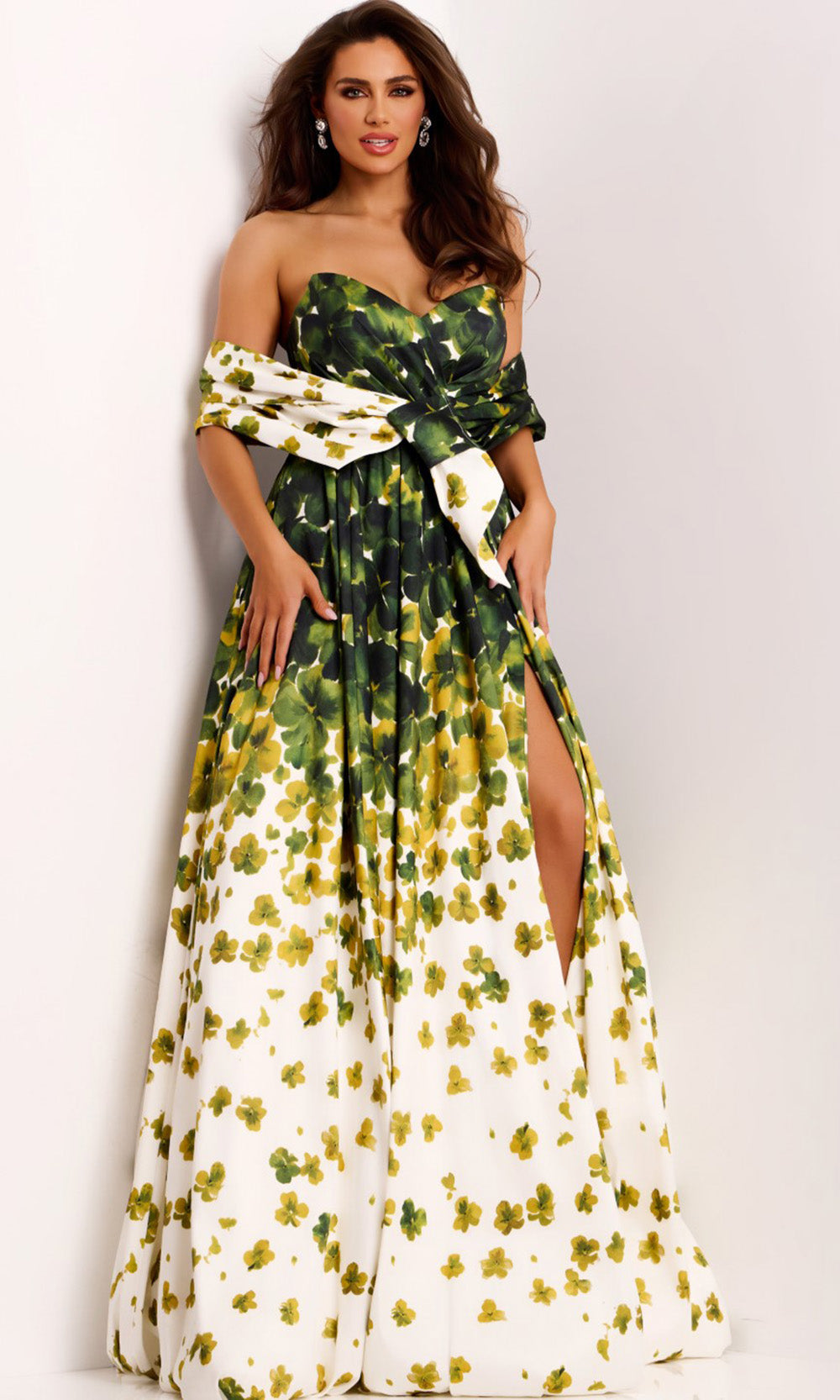 Jovani 46723 - A-Line Floral Mikado Gown with Slit Formal Gowns