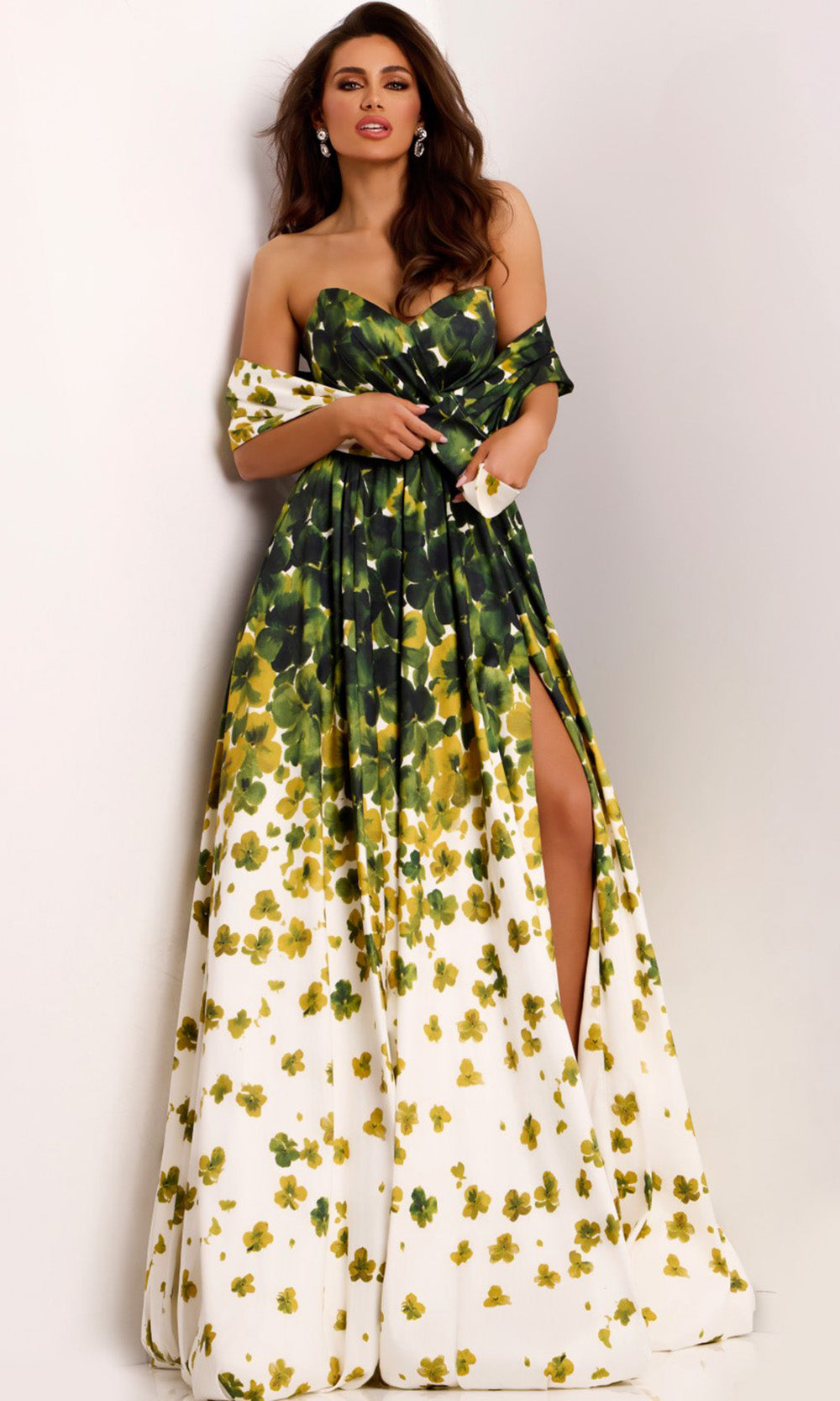 Jovani 46723 - A-Line Floral Mikado Gown with Slit Formal Gowns