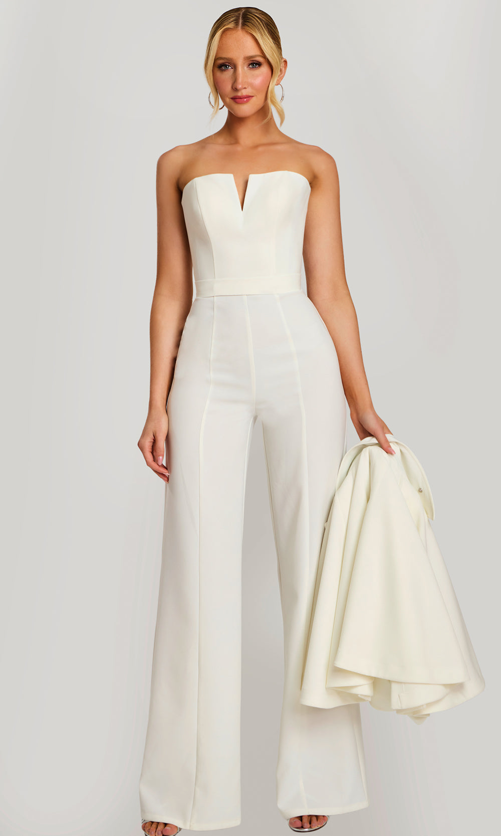 Jovani 46781 - Notched Neck Strapless Jumpsuit with Cape Formal Pantsuits  in Ivory  