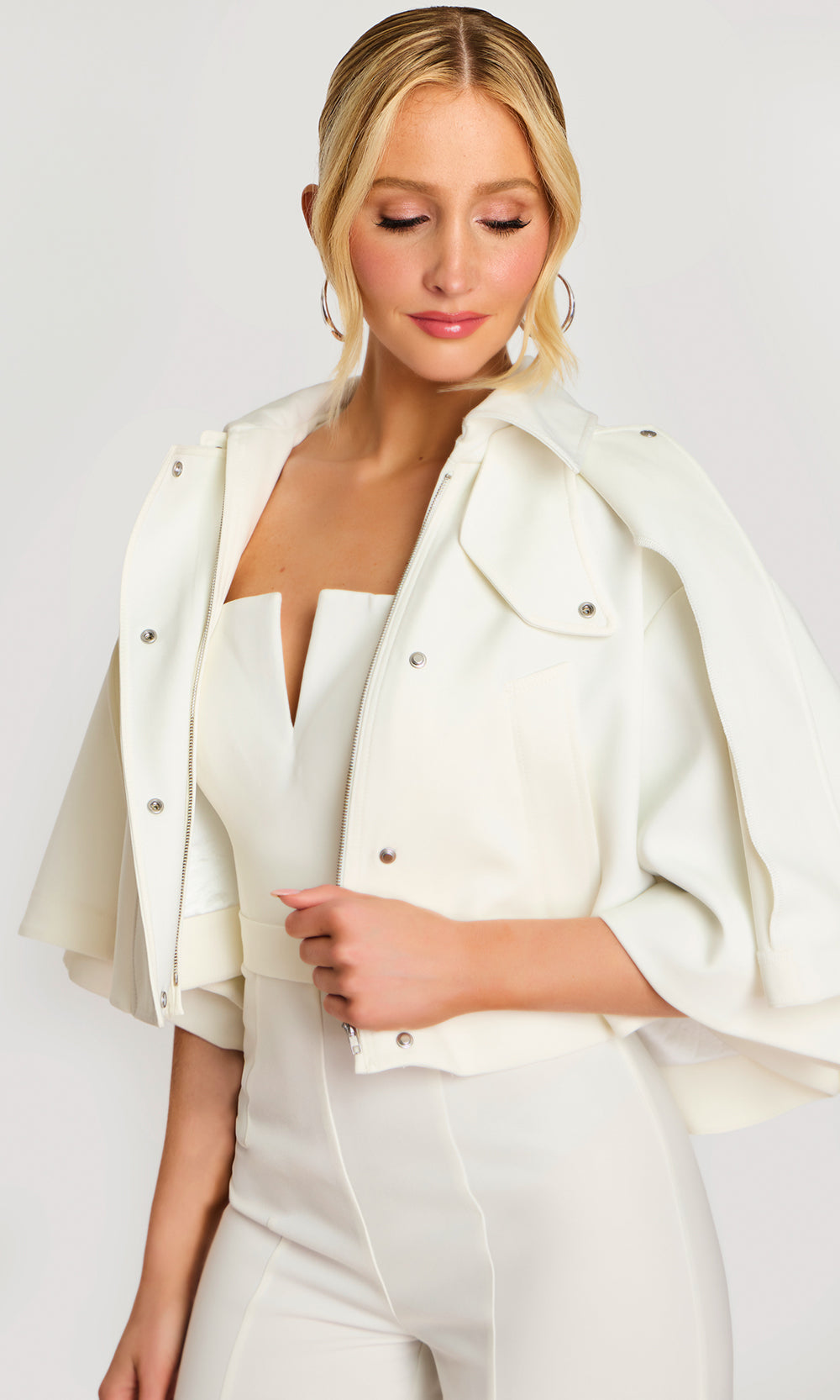 Jovani 46781 - Notched Neck Strapless Jumpsuit with Cape Formal Pantsuits  in Ivory  