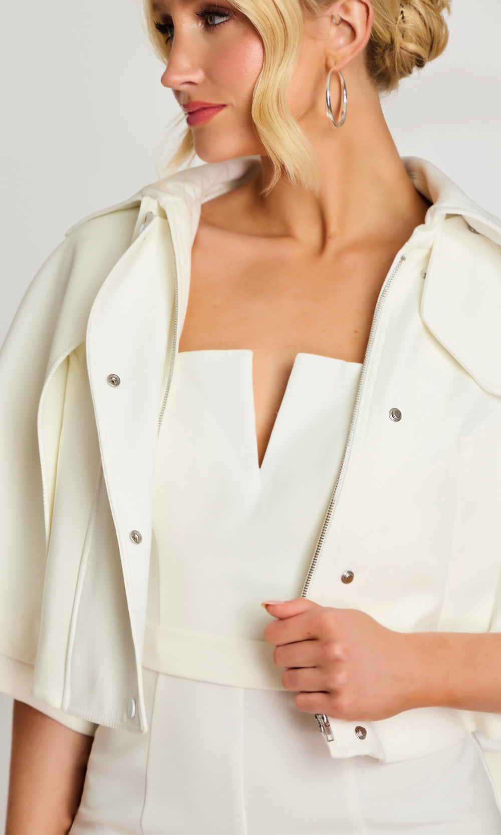 Jovani 46781 - Notched Neck Strapless Jumpsuit with Cape Formal Pantsuits  in Ivory  