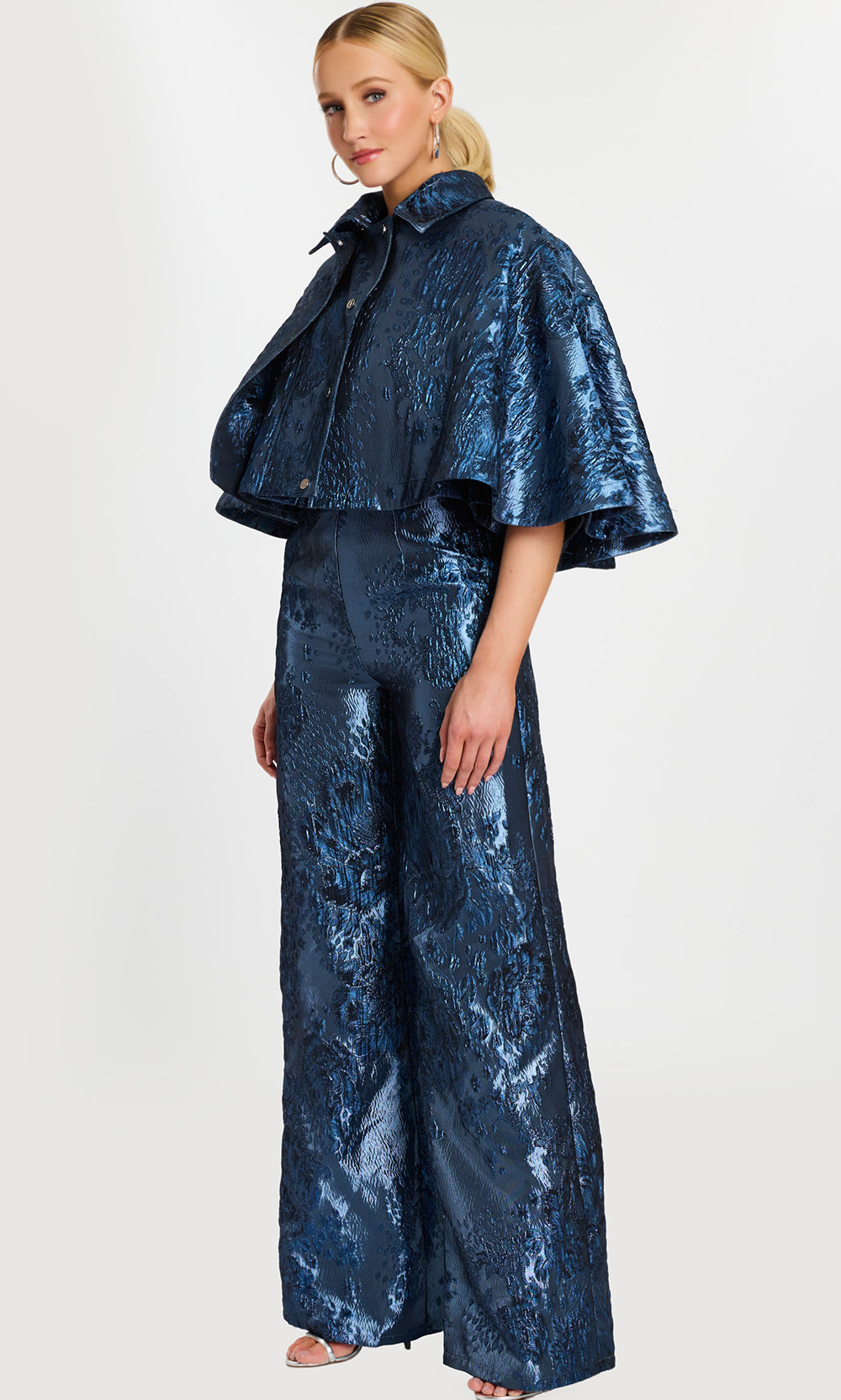 Jovani 46782 - Notched Neck Pantsuit with Cropped Cape Formal Pantsuits  in Blue  