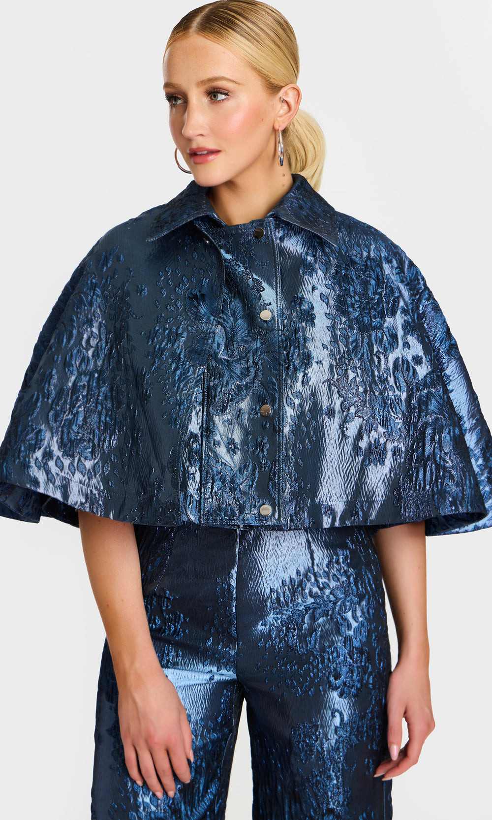 Jovani 46782 - Notched Neck Pantsuit with Cropped Cape Formal Pantsuits  in Blue  