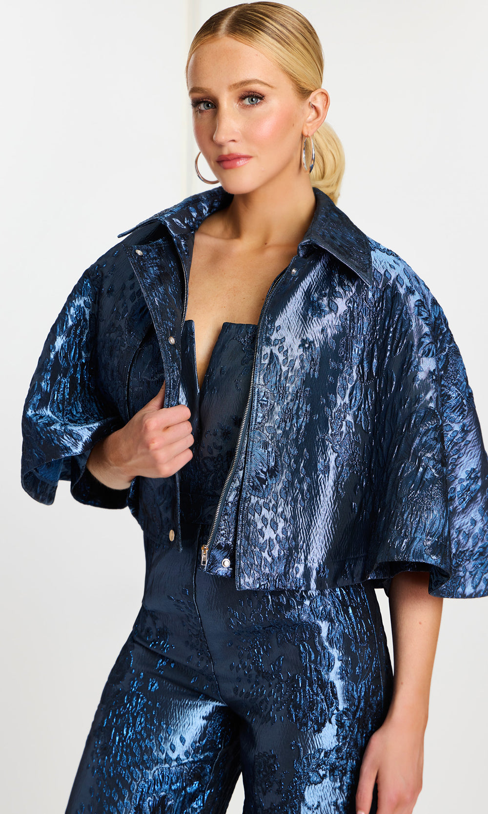 Jovani 46782 - Notched Neck Pantsuit with Cropped Cape Formal Pantsuits  in Blue  
