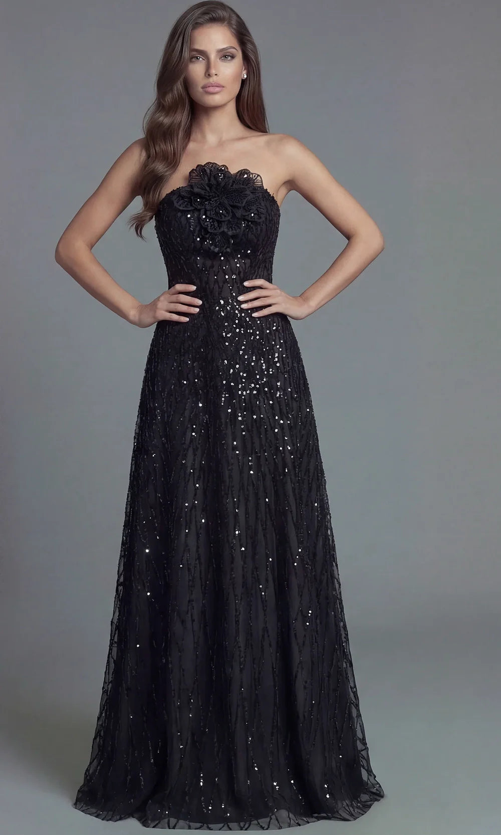 Jovani 46785 - Allover Sparkle Long A-Line Evening Gown Prom Dresses  in Black  