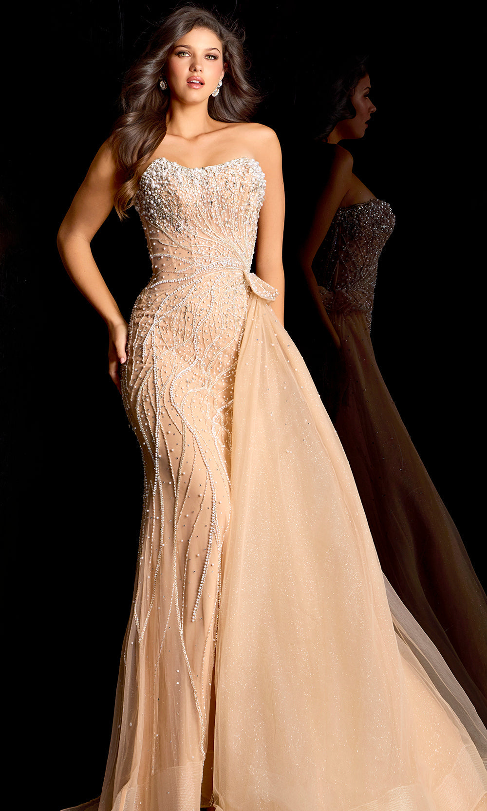 Jovani 46865 - Beaded Strapless Gown with Side Overskirt
