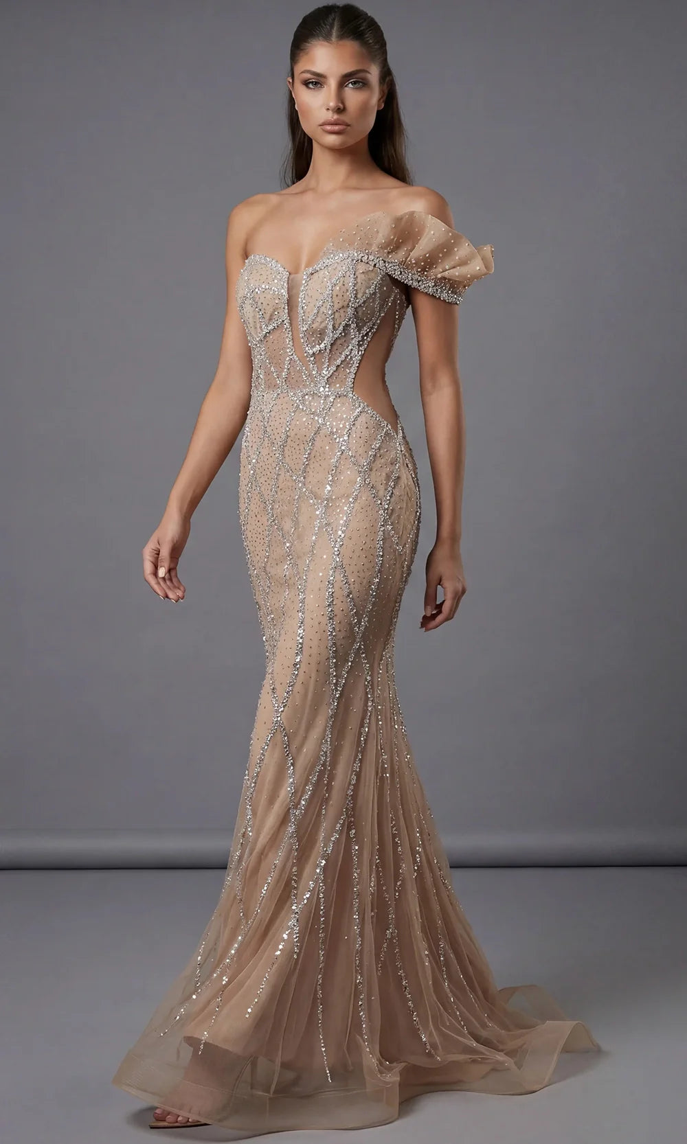 Jovani 46870 - Illusion Beaded Bodice Sweetheart Gown Prom Dresses  in Champagne  