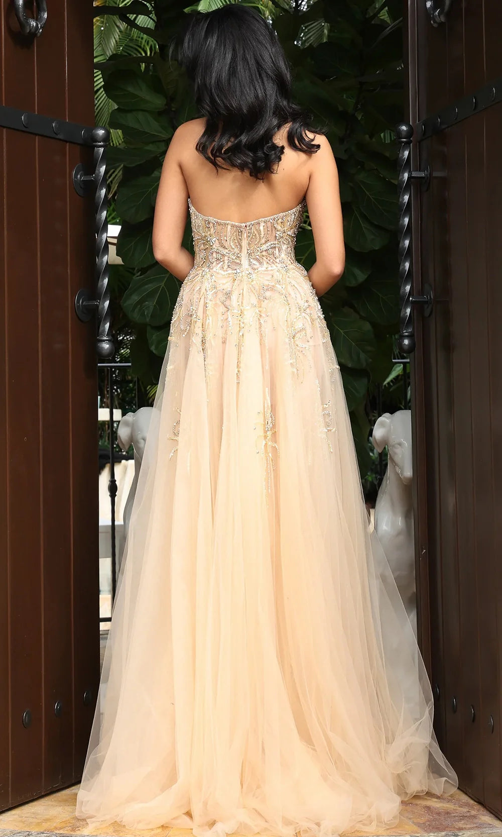 Jovani 46879 - Beaded Ornate High Slit Evening Gown Prom Dresses  in Nude Gold 