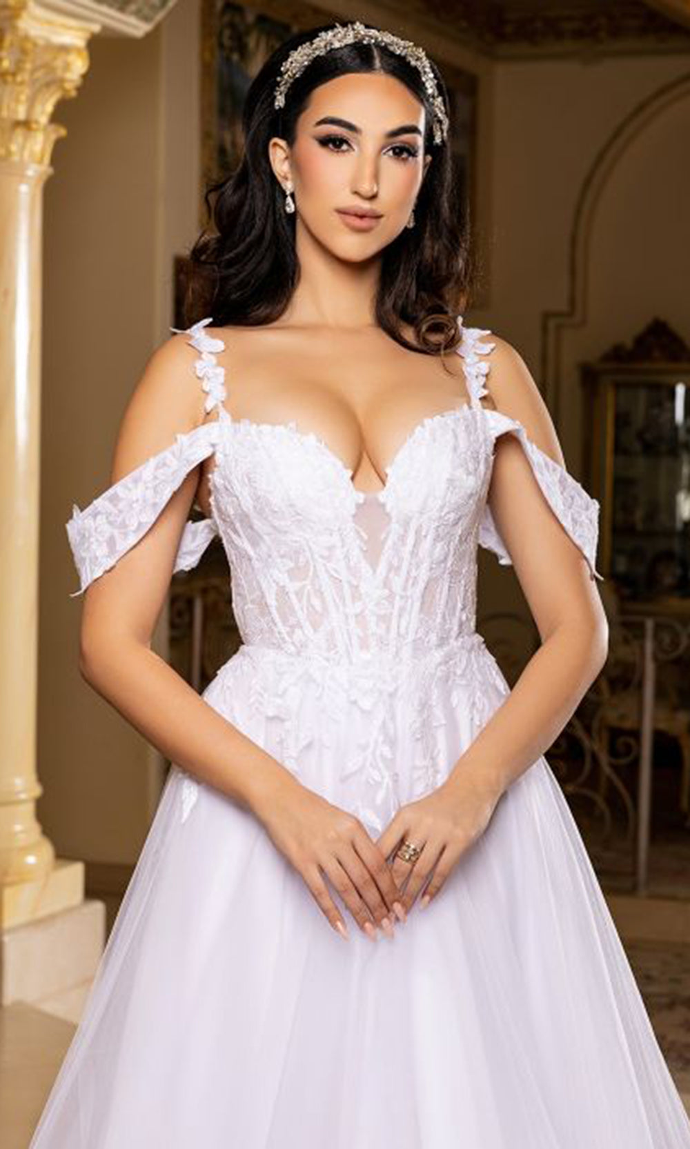 May Queen Bridal RQ8272 - Plunging Neck A-Line Long Gown with Appliques
