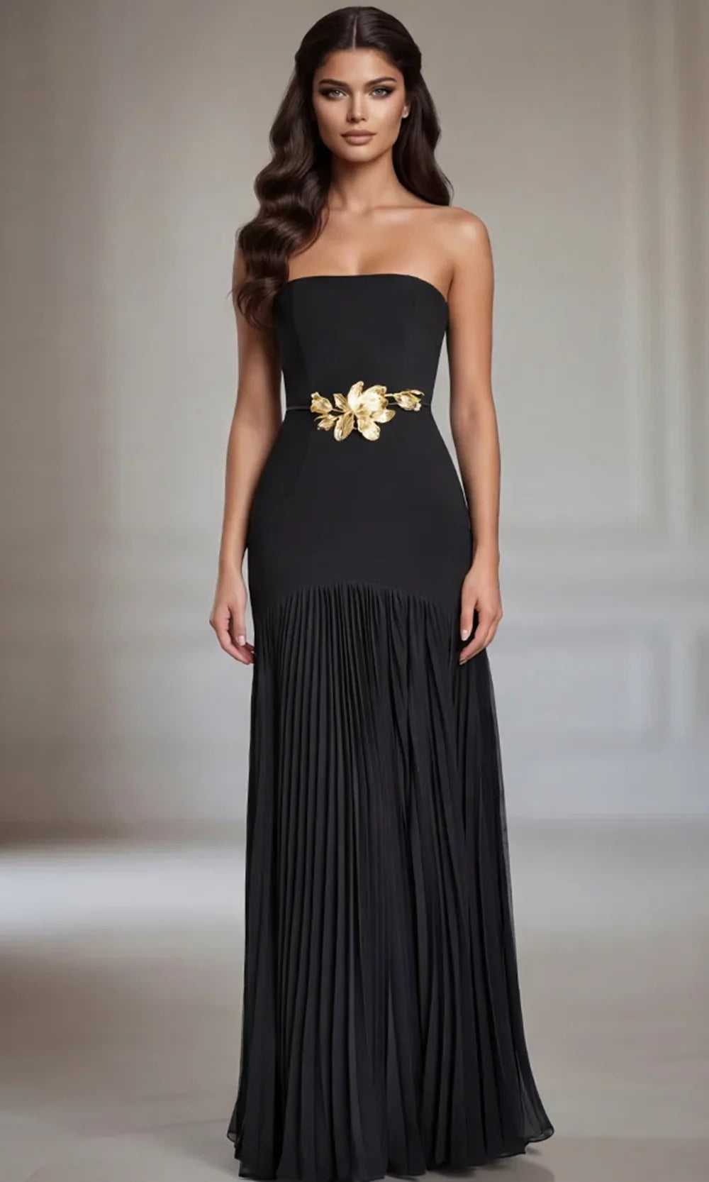 Jovani 47000 - Gold Floral Waist Strapless Pleated Dress Prom Dresses  in Black  