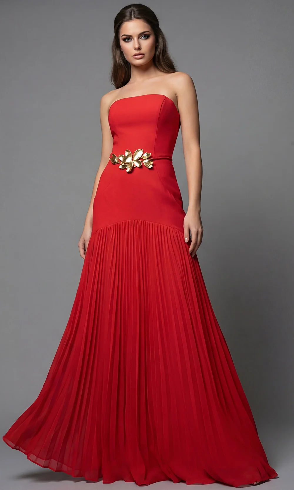 Jovani 47000 - Gold Floral Waist Strapless Pleated Dress Prom Dresses  in Red  