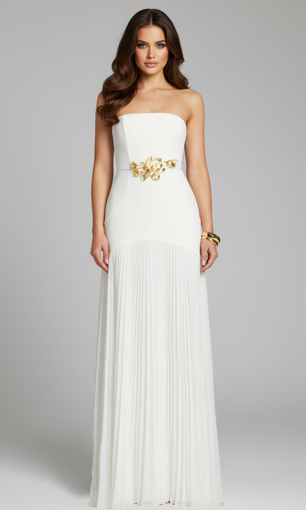 Jovani 47000 - Gold Floral Waist Strapless Pleated Dress Prom Dresses  in White  
