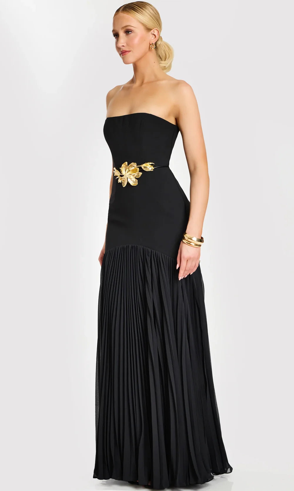 Jovani 47000 - Gold Floral Waist Strapless Pleated Dress Prom Dresses  in Black  