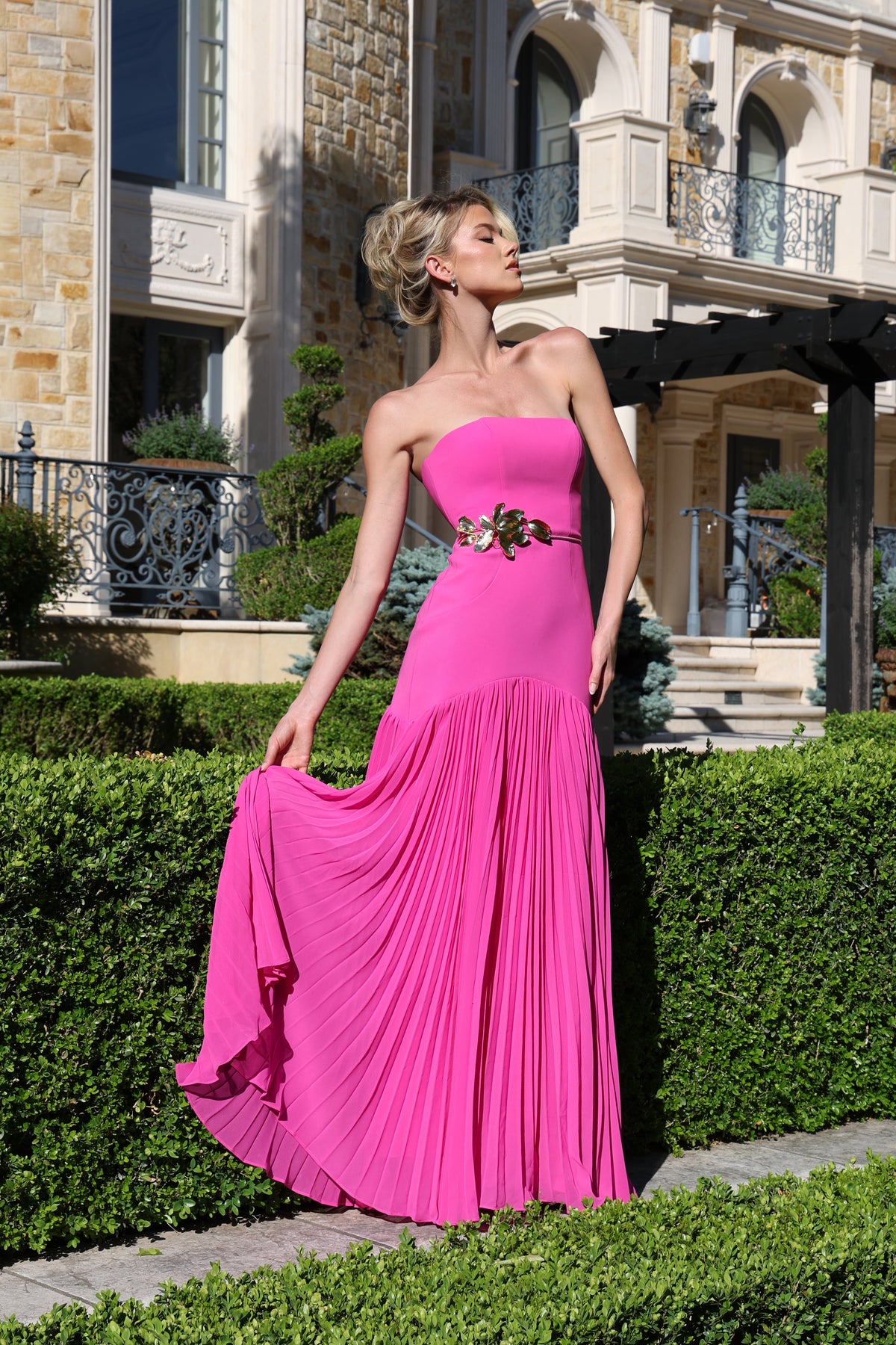 Jovani 47000 - Gold Floral Waist Strapless Pleated Dress