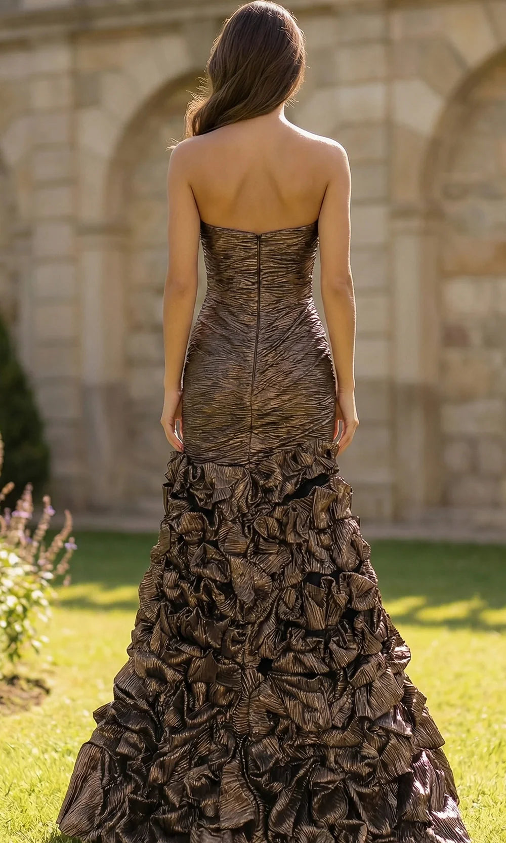 Jovani 47006 - Metallic Jacquard Ruffle Mermaid Gown Evening Dresses  in Chocolate  