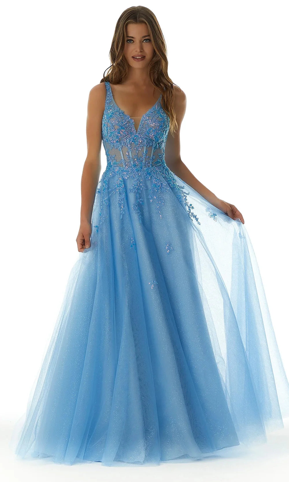 Mori Lee 49325 - Plunging Neckline Sequin Lace Gown Prom Dresses in Light Blue