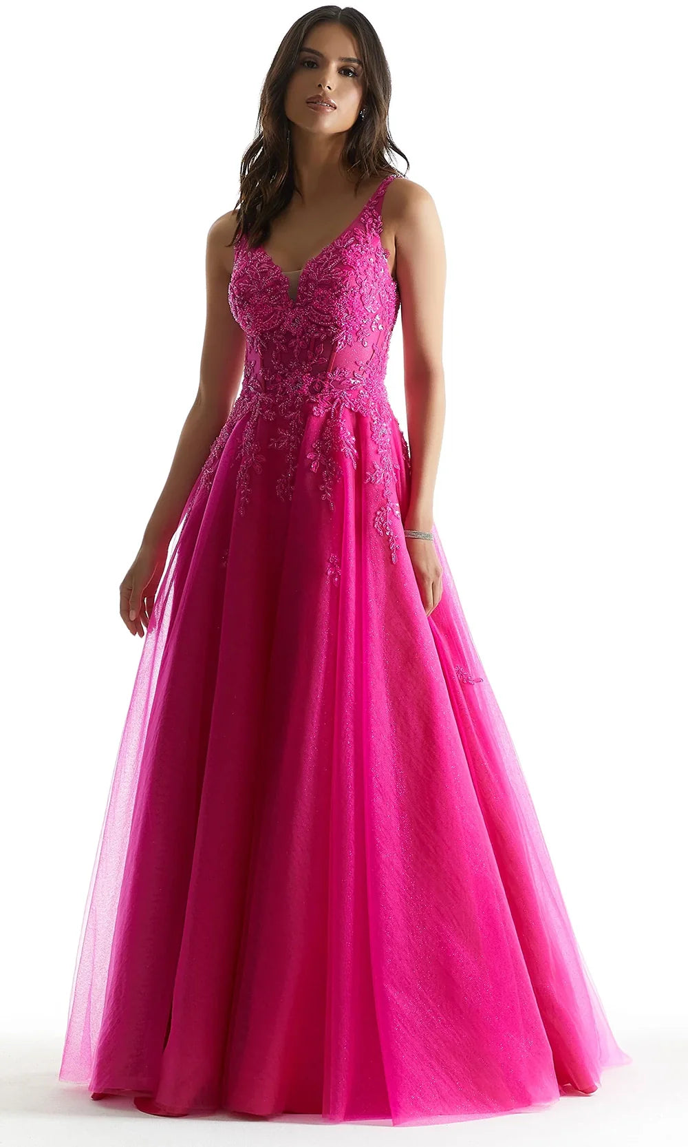 Mori Lee 49325 - Plunging Neckline Sequin Lace Gown Prom Dresses in Hot Magenta