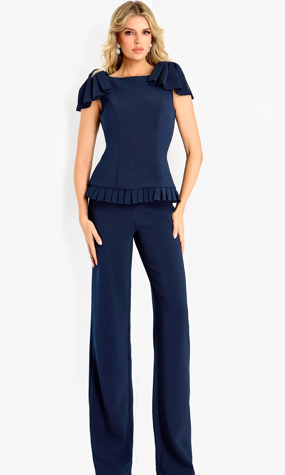 Jovani 47022 - Flutter Shoulder Detail Crepe Pantsuit Special Occasion Dress In Blue